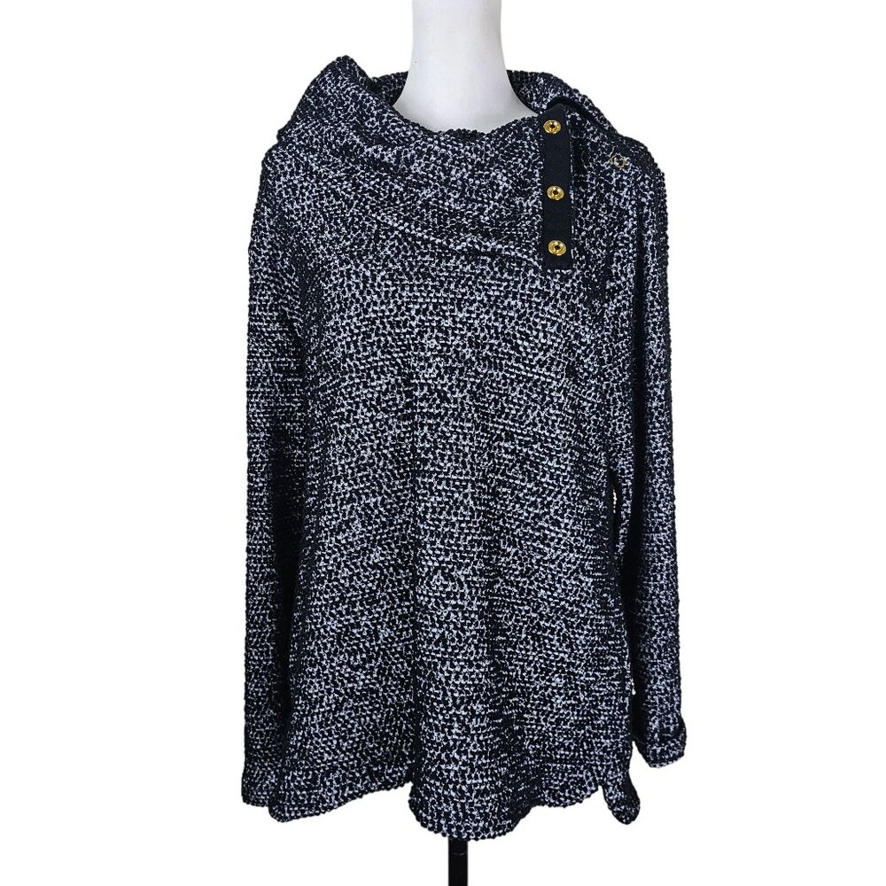 Calvin Klein Oversized Cowl Neck‎ Knit Tunic L Black Textured Gold Snap Relaxed